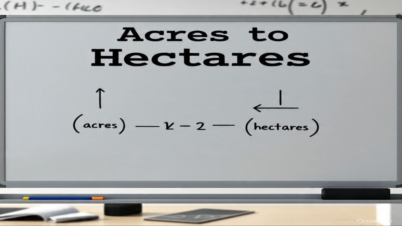 Acres to hectares conversion diagram on a whiteboard"