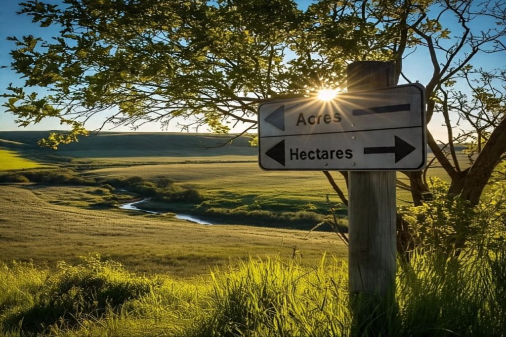 Acres to hectares conversion across farmland using directional sign