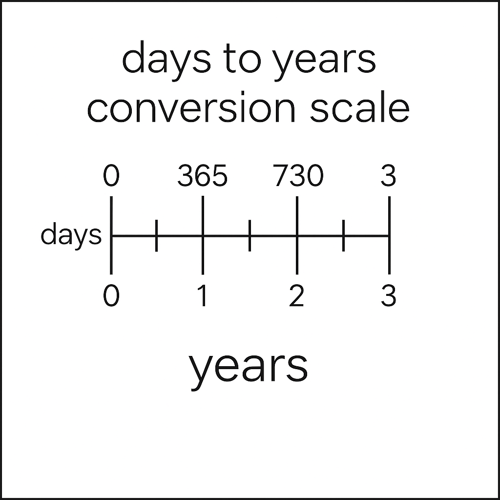 Conversion scale showing how 10 000 days to years converts to years