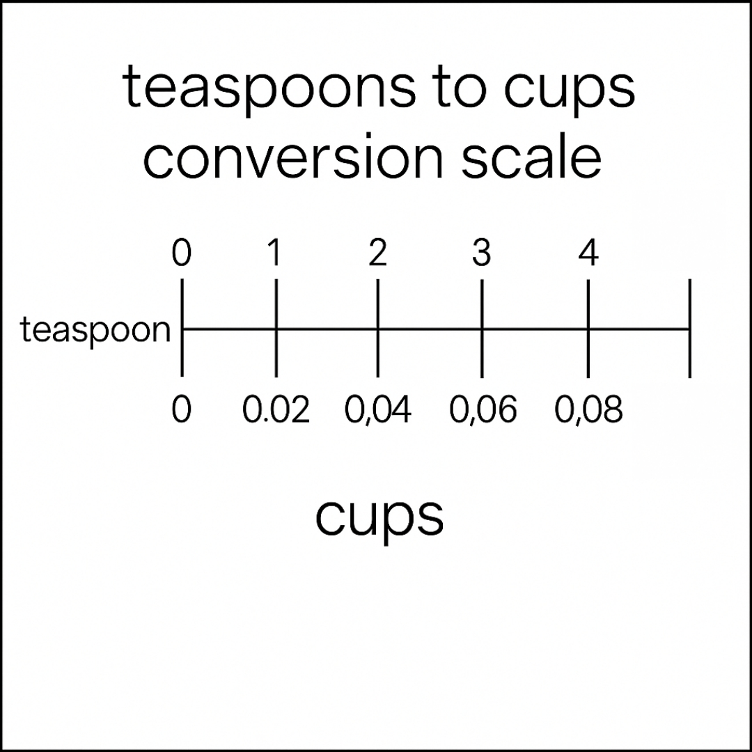 Teaspoons to cups conversion scale showing key points like 24 tsp = 0.5 cups, 48 tsp = 1 cup