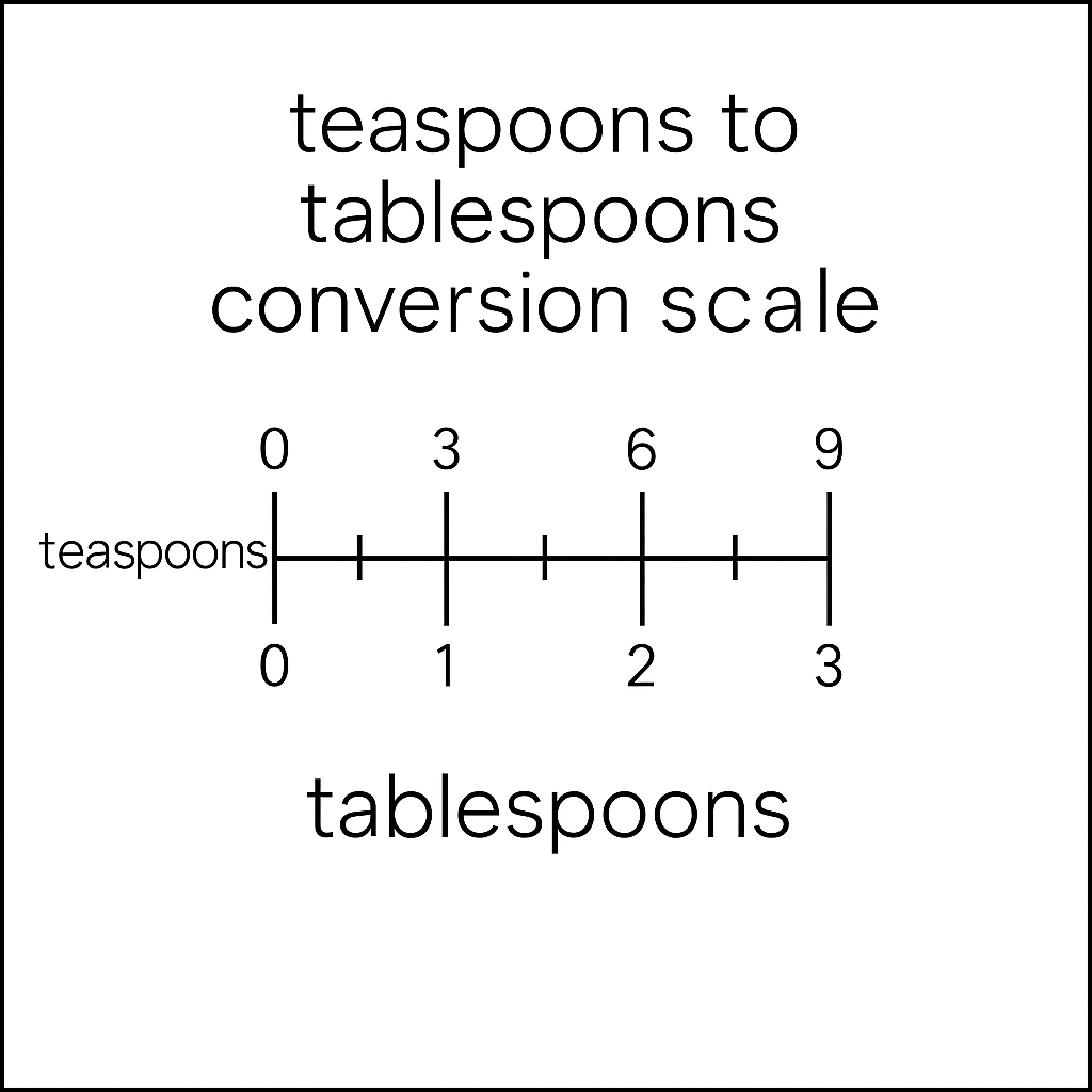 Teaspoons to tablespoons conversion scale showing key steps like 3 tsp = 1 tbsp and 6 tsp = 2 tbsp