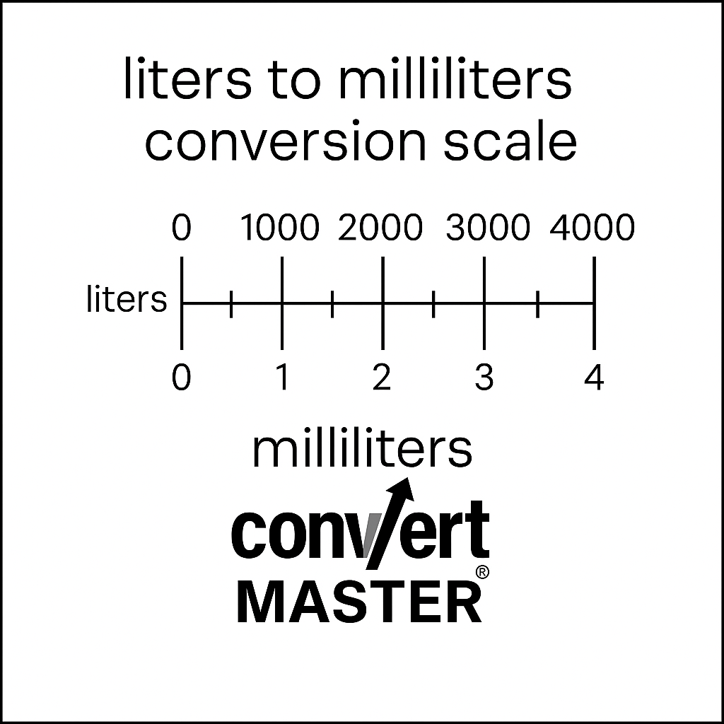 Conversion scale for liters to milliliters, showing 1 to 4 liters in mL