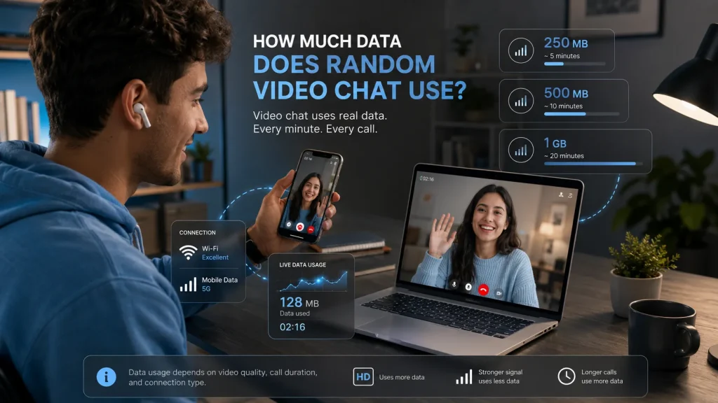 Random video chat data-usage infographic comparing MB and GB estimates for text messages, voice calls and video conversations